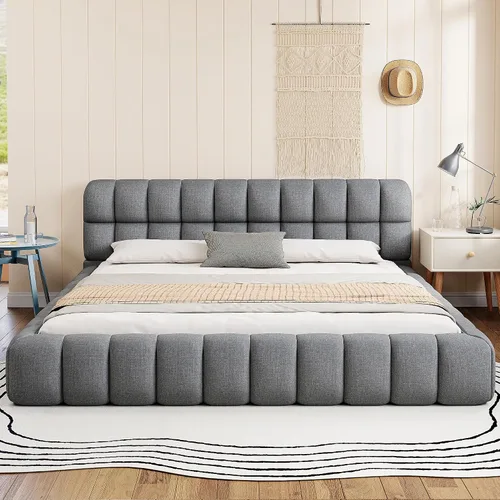 Vista 18 de Moderna cama tapizada de tamaño Queen, forro polar bereber grueso, base de colchón tapizada con cabecera copetuda y soporte de listones de madera