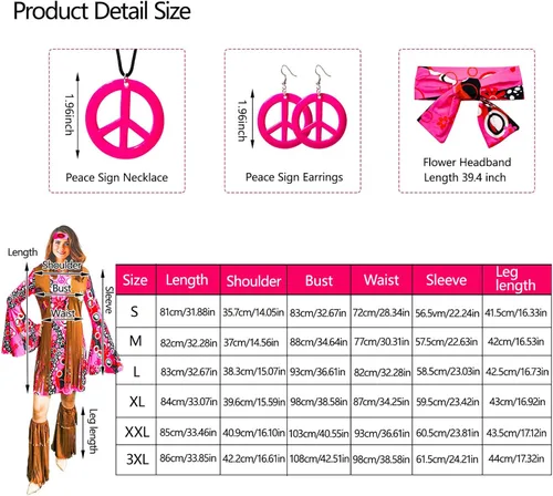 Vista 7 de ATAMET Disfraz hippie de los años 60 y 70 para mujer ropa hippy vestido de discoteca para adultos disfraz de fiesta de los años 70