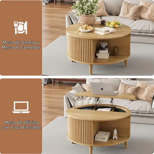 Vista 5 de Mesa auxiliar con tapa elevable y almacenamiento, mesa central redonda acanalada con puerta de armario deslizante, mesa pequeña circular para sala