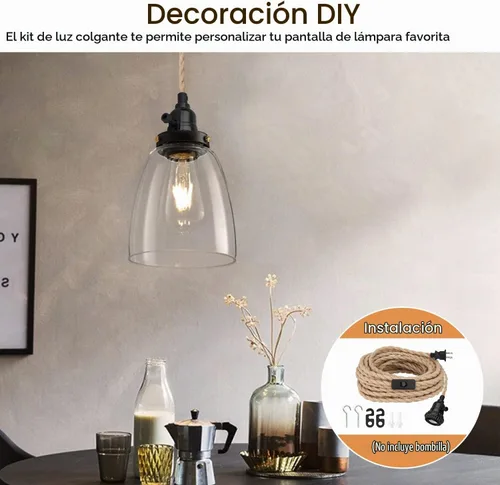 Vista 7 de Kit de luces colgantes de 16.5 pies, luces colgantes con cable de enchufe e interruptor, lámpara colgante de cuerda de cáñamo E26, cable de linterna