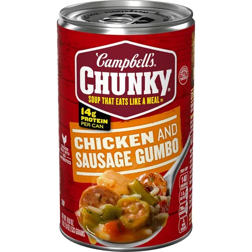 Vista 12 de Sopa Campbell’s Chunky, Gumbo de Pollo y Salchicha, lata de 18.8 oz (Caja de 12)