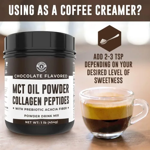 Vista 4 de MCT Aceite en polvo con fibra de acacia y péptidos de colágeno – Proteína de colágeno prebiótico, 0.31 onzas de MCT de cocos, crema de café keto sin