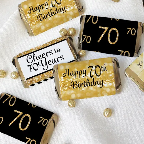 Vista 6 de Mini envoltorios de barra de caramelo para fiesta de cumpleaños número 70, color negro y dorado, 45 calcomanías