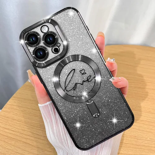 Vista 22 de ZIYE - Funda magnética diseñada para iPhone 13 con purpurina, color negro Luxury Plating Love Heart Compatible with MagSafe Camera Protection