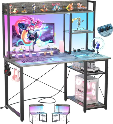 Vista 11 de Cyclysio Escritorio para juegos con gabinete, escritorio para computadora de 39 pulgadas con luces LED y tomas de corriente, escritorio de oficina