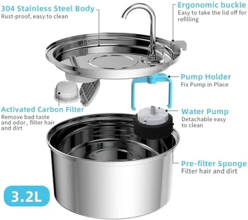 Vista 2 de Pawira - Fuente de agua para gatos, fuente para gatos Pawira de 3.2L/7 L, fuente de agua de acero inoxidable súper silenciosa para gatos pequeños