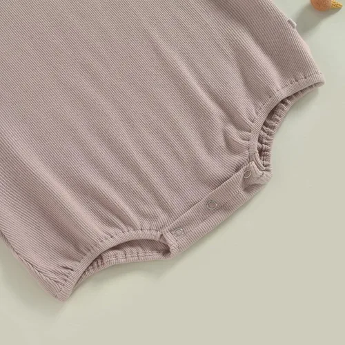 Vista 6 de KMBANGI Mameluco de manga corta con cuello redondo de punto acanalado de color sólido para bebé, niña y niño, traje de verano de una pieza