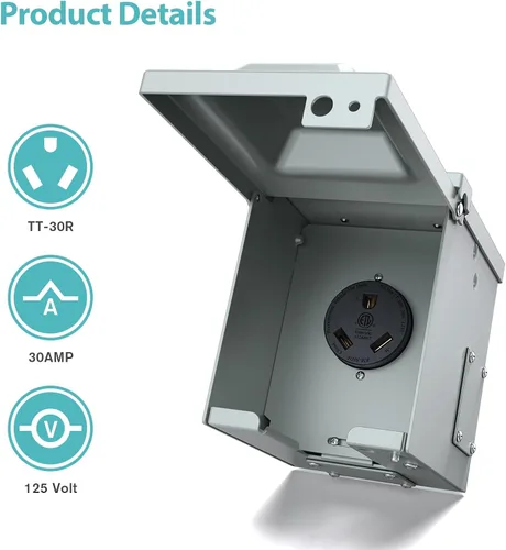 Vista 3 de WEBANG Caja de toma de corriente de 30 amperios para RV, cerrada, resistente a la intemperie, eléctrica al aire libre de 125 voltios, NEMA TT-30R