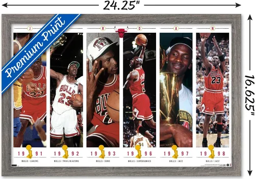 Vista 3 de Trends International Michael Jordan - Póster de pared de campeonatos, 22.4 pulgadas de largo x 14.7 pulgadas, versión enmarcada de madera de granero