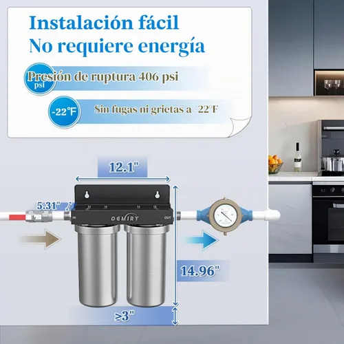 Vista 6 de Filtro de agua para toda la casa OEMIRY, carcasa de filtro de acero inoxidable de 2 etapas