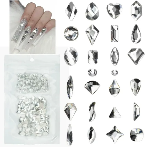 Vista 6 de Diamantes de imitación negros para uñas, 120 formas múltiples con parte trasera plana, gemas de cristales negros azabache + SS10 SS16 cuentas