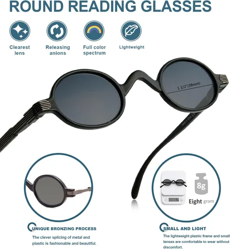 Vista 4 de BLUELESS - Gafas de lectura vintage redondas estilo profesor, lentes pequeñas (lente gris, +2.75)