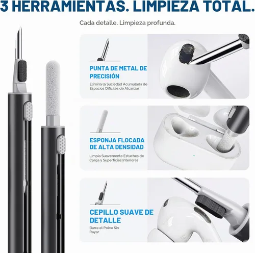 Vista 5 de Hyashee Kit limpiador para Airpods Pro 1 2 3 pluma de limpieza multifunción con cepillo suave esponja flocado para auriculares Bluetooth, Negro