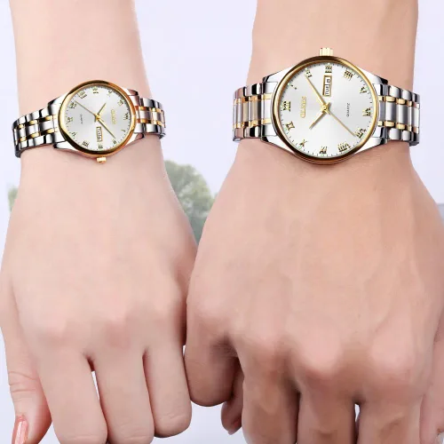 Vista 68 de OLEVS Juego de 2 relojes de cuarzo para parejas de San Valentín, calendario luminoso, ventana de fecha, 3 ATM, impermeable, casual, acero