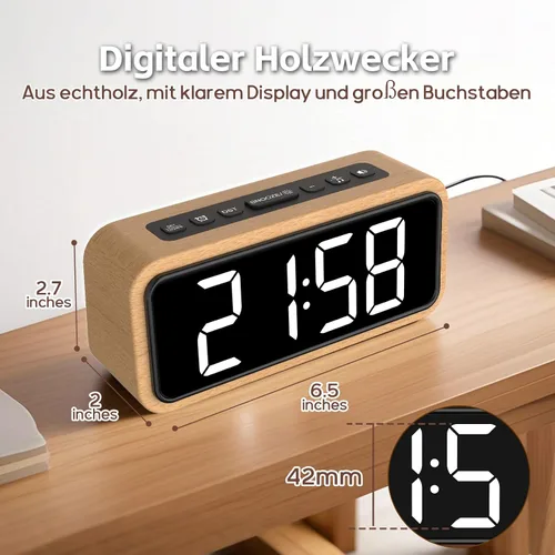 Vista 7 de Alarm Clock Loud for Deep Sleepers, Wooden Alarm Clock with LED Display, 12 Alarm Ringtones, 5 Brightness Adjustable, 5 Volumes, Manual DST, Brown
