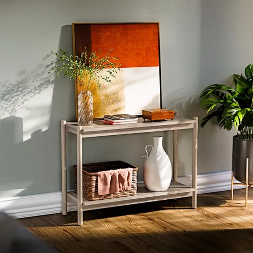 Vista 6 de Bme Lyra - Mesa consola, madera maciza pura con acabado de roble, mesa de entrada y pasillo, capacidad de 297 libras, niveladores ajustables, fácil