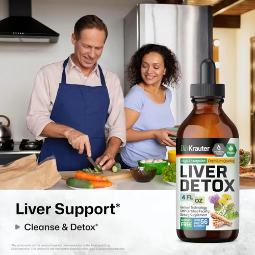 Vista 2 de BIO KRAUTER® Liver Cleanse Detox - Soporte hepático líquido vegano con cardo mariano, chanca piedra, cúrcuma, raíz de diente de león y alcachofa 700