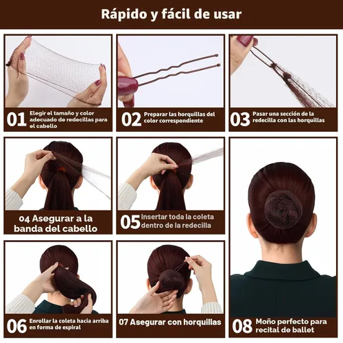 Vista 6 de Teenitor Juego de accesorios para el cabello, incluye 40 redes invisibles para recital de ballet y 80 pines para hacer moños, marrón, 3 tamaños