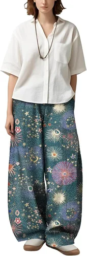 Vista 10 de Womens Wide Leg Firework Pattern Pants High Waist Cotton Blend Lantern Trousers Casual Summer Loungewear