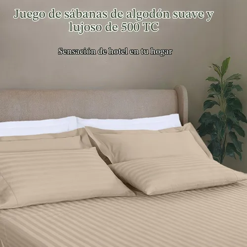 Vista 2 de Threadmill Juego de ropa de cama de algodón de lujo de 500 hilos tamaño Queen de 4 piezas, sábanas suaves y sedosas de color beige claro con Rayas