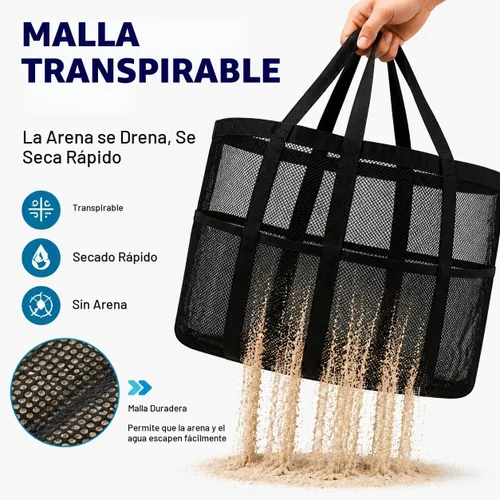 Vista 7 de SRISE Mesh Beach Bag - Large Beach Tote Bag for Family Beach Bag for Toys & Vacation Essentials Negro