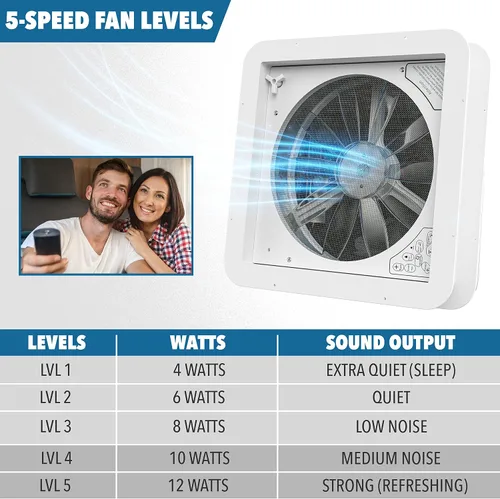 Vista 5 de Ventilador de ventilación de techo RV de 14 x 14 pulgadas, sensor de lluvia ajustable de 5 velocidades, control remoto con tapa ahumada