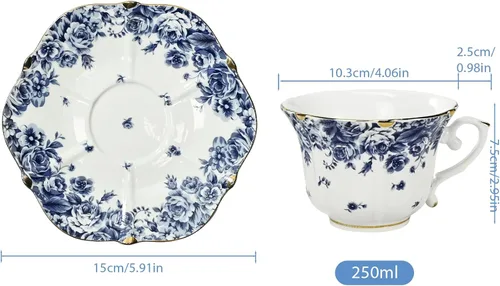 Vista 7 de Bone China - Juego de taza de té y platillo, 3 piezas, estilo vintage, juego de taza de té y platillo para mujeres y fiestas de té, caja de regalo