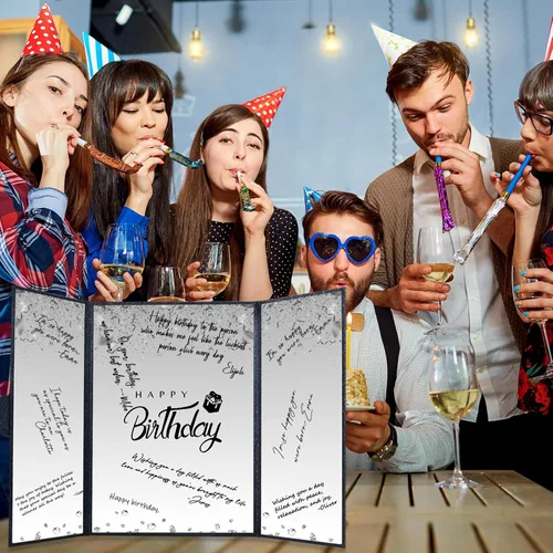 Vista 6 de Crenics Decoraciones de cumpleaños en blanco y negro para mujeres y hombres, libro de invitados creativo alternativo de 45,72 cm x 30,48 cm, gran