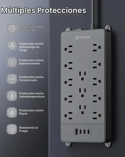 Vista 8 de TROND - Alargador de corriente con enchufe plano giratorio 360°, protector contra sobretensiones, 13 tomas amplias con 3 puertos USB C, 4000 J