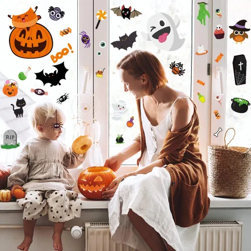 Vista 6 de 6 hojas de adhesivos para ventana, lindas calcomanías y calcomanías de Halloween para niños, decoración de ventanas interiores
