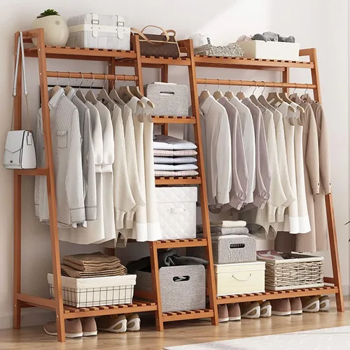 Vista 2 de Perchero de ropa de dormitorio de madera maciza, perchero colgante de doble barra independiente, ahorro de espacio (marrón 63.0 x 15.7 x 55.1 in)