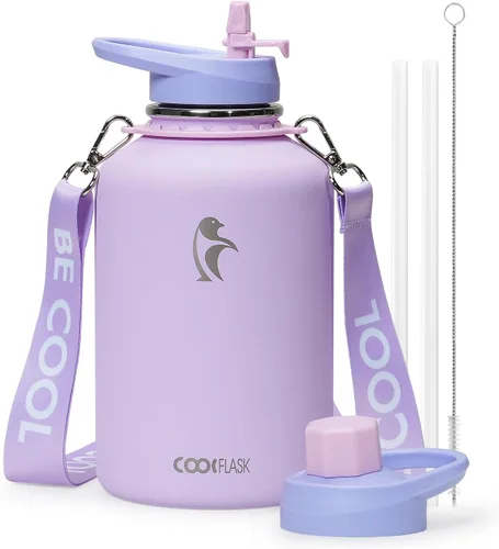 Vista 28 de Botella de agua Coolflask de 40 onzas con correa, botella de agua metálica aislada con popote y tapas con pico, acero inoxidable de doble pared al
