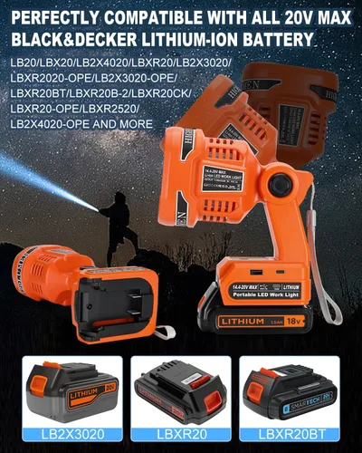 Vista 2 de Adisipsoarin Linterna LED inalámbrica para batería Black and Decker de 20 V, luz de trabajo LED de 22 W con puertos de carga rápida USB-A y USB-C