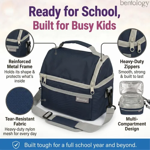 Vista 3 de Bentology Insulated Lunch Bag Cooler Tote Double Decker w Adjustable Strap Blue Grey