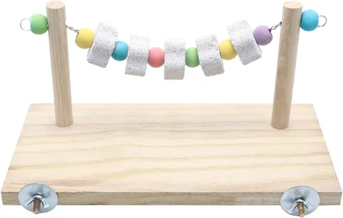Vista 8 de Wontee Plataforma de soporte de madera con juguetes de molienda Soporte de perca de pájaro para periquitos, cacatúas, conures, ratas, jerbos