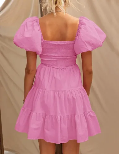 Vista 3 de ZESICA Vestido corto bohemio de verano para mujer, con cuello cuadrado, manga abombada, hombros descubiertos, fruncido, escalonado, casual