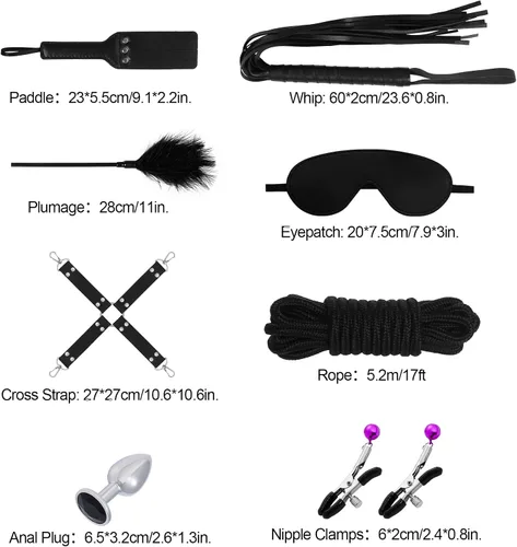 Vista 2 de Rbenxia 12 piezas de kits de restricciones BDSM Bondage para el sexo, esposas de fetiche, esposas de tobillo, collar, venda para los ojos, látigo