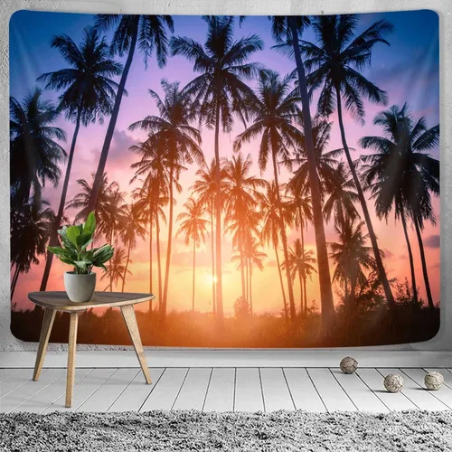 Vista 5 de Hjokiupt Tapiz de playa tropical, puesta de sol, playa, océano, palmera, fantasía, crepúsculo, verano, tapices artísticos para dormitorio, paisaje