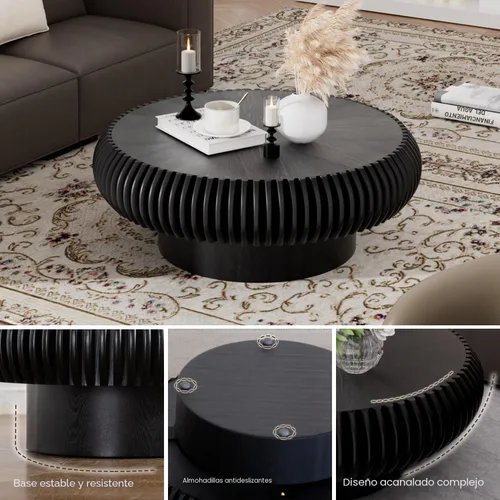 Vista 4 de Mesa de centro de tambor de 31.5 pulgadas, moderna y única, mesa de té acanalada, mesa de centro redonda de madera contemporánea con mesa central