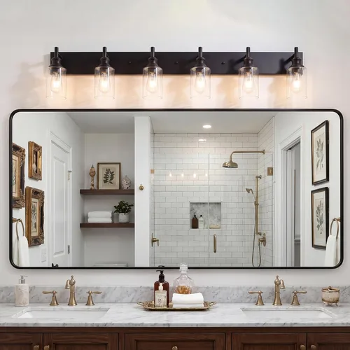 Vista 2 de Lámpara de tocador de baño negra de 6 luces con pantallas de vidrio Negro - Pantalla de vidrio transparente