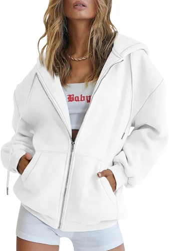 Vista 15 de EFAN Sudaderas con capucha lindas para mujer con cordón y cremallera, chaqueta de otoño de gran tamaño, sudaderas casuales con bolsillo Negro