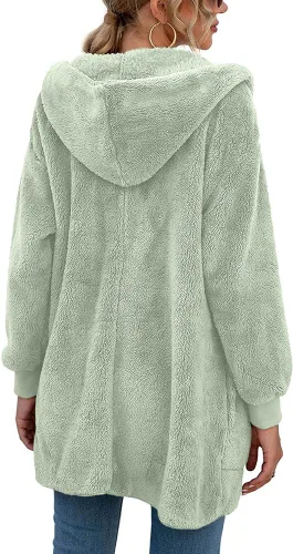 Vista 3 de LONGYUAN Chaqueta de forro polar para mujer, abrigos casuales con capucha mullida, suéteres con bolsillos