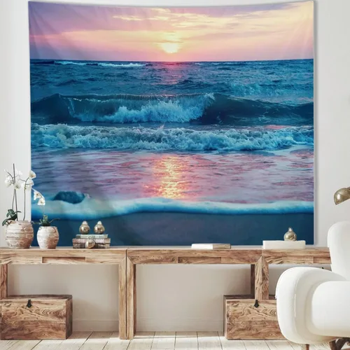 Vista 2 de IcosaMro Tapiz oceánico para colgar en la pared, mar, playa, ola, sol, nube, paisaje, naturaleza, arte de pared [dobladillos dobles] decoración