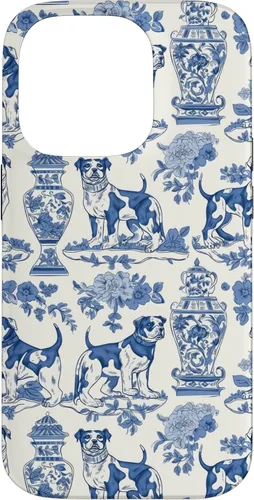Vista 17 de Chinoiserie Dog Blue Toile Ginger Preppy Grandmillennial - Carcasa para iPhone 16