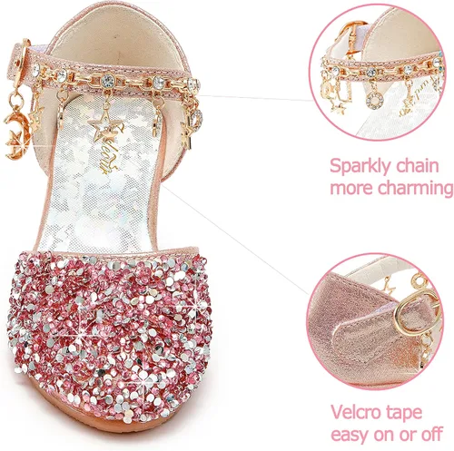 Vista 4 de Furdeour Girls Sandals Glittler Bow Dress Shoes Princess Crystal High Heels Party Wedding Flower Girls Shoes for Kid Toddler