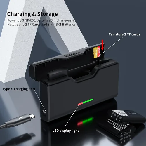 Vista 7 de Repuesto de 1600 mAh para batería Sony NP-BX1, paquete de 2 y cargador de batería Sony de 3 canales compatible con Sony NP-BX1/M8, ZV-1, ZV-1 II