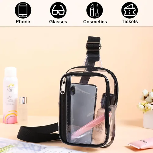 Vista 7 de Edraco Mini bolsa transparente tipo cangurera, resistente y transparente, bonito bolso cruzado para conciertos, estadio, viajes