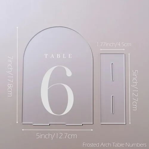 Vista 7 de Números de mesa de arco esmerilado para recepción de boda, paquete de 10 piezas de 5x7" Signos acrílicos de arco esmerilado con soporte, números