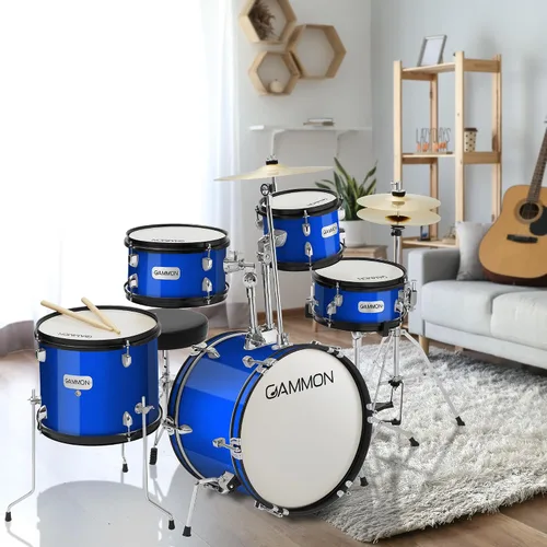 Vista 7 de Gammon Percussion Kit de batería de arranque junior de 5 piezas con platillos, hardware, palos y trono, color azul