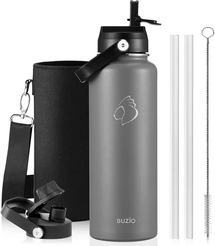 Vista 32 de BUZIO Botella de agua aislada de 24 oz, frasco de agua de boca ancha de acero inoxidable con tapa de pajita, frío durante 48 horas a prueba de Negro